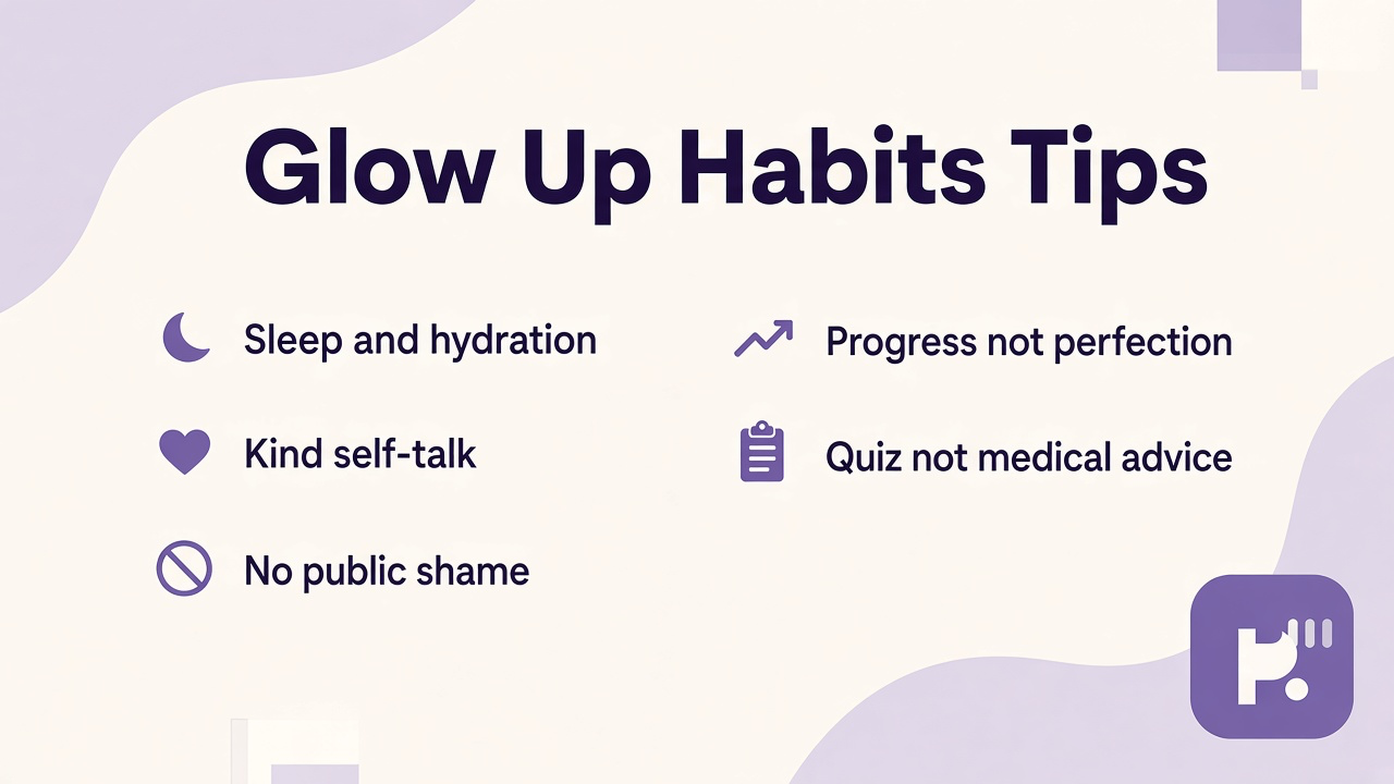 Glow up tips: sleep and hydration; style curiosity; skip comparison dunk threads; reflection not beauty verdict or diagnosis