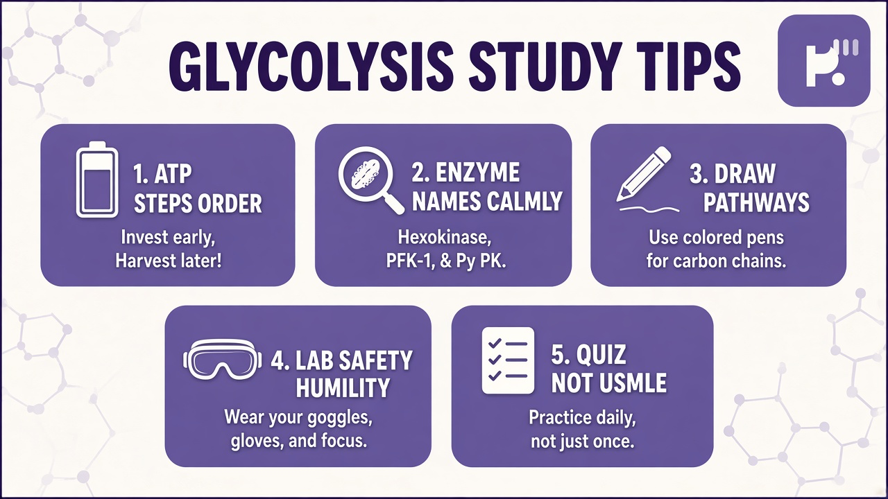 Glycolysis tips: cytosol location; investment payoff ATP; enzyme review; class prep not USMLE or respiration dupe stems