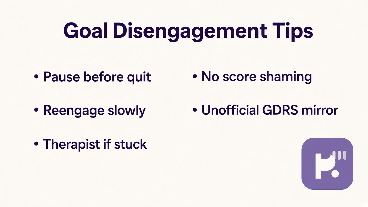 Goal pivot tips: let go kindly; choose new aims; flexible pursuit; unofficial quiz; not published GDRS or therapy verdict