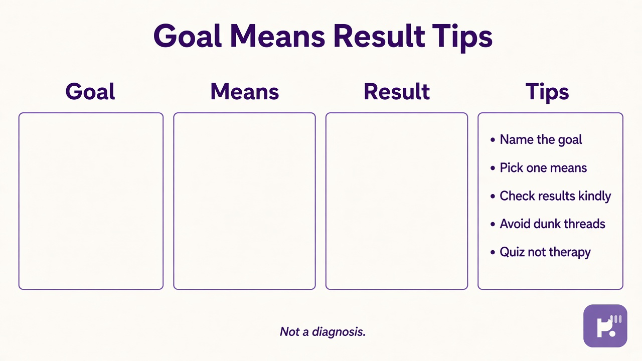 Goal means result tips: honor the process; patience on outcomes; re-engage after slips; unofficial quiz not clinical rank