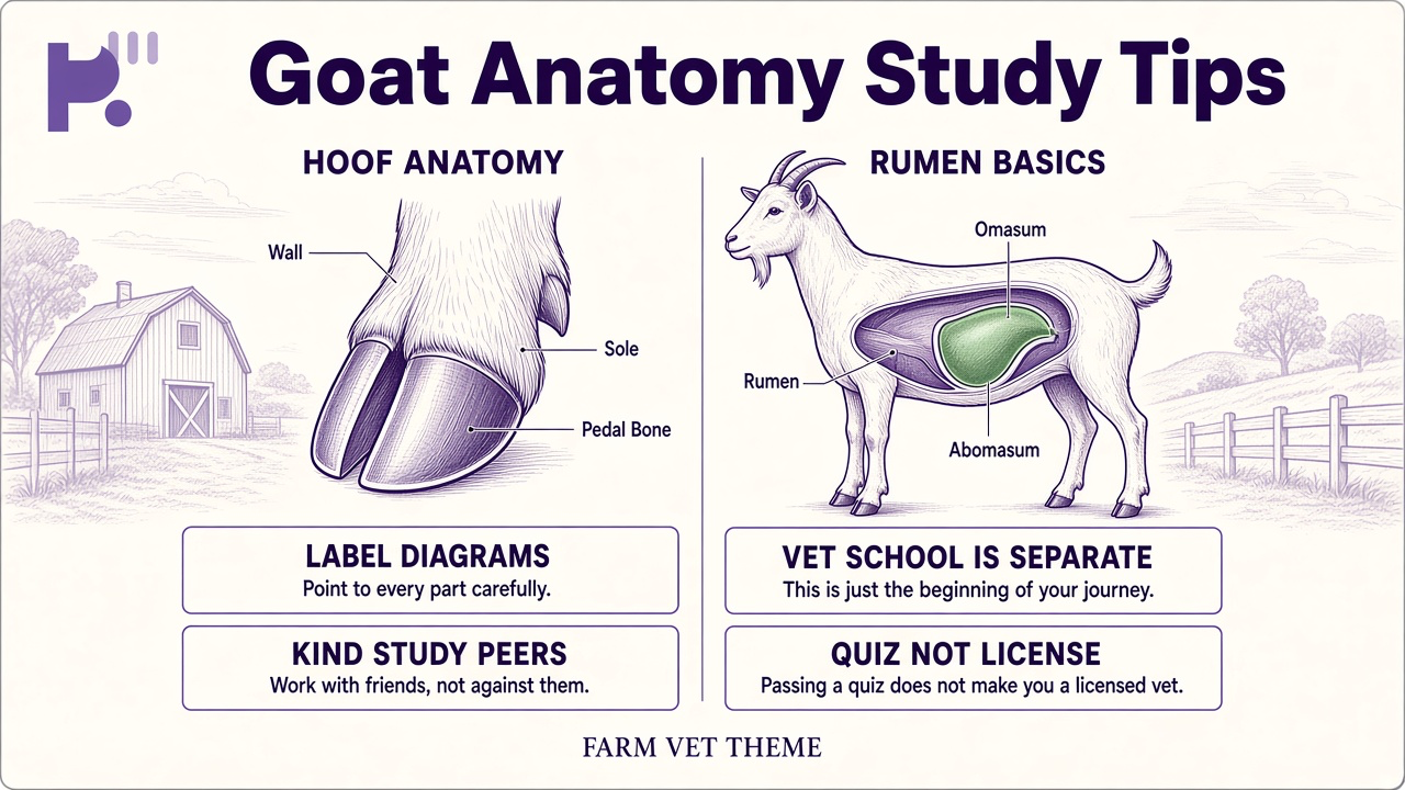 Goat anatomy tips: dorsal ventral labels; rumen hoof teeth; kind farm talk; quiz not vet license