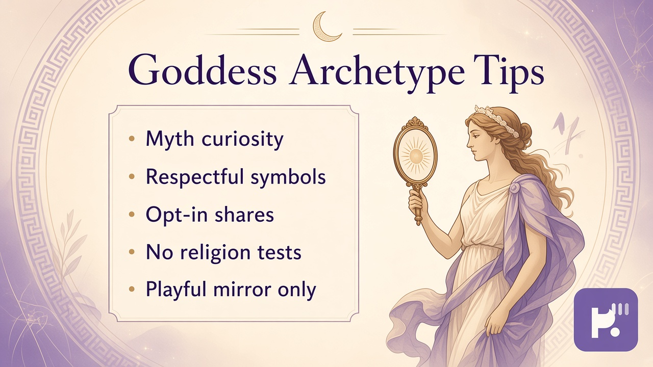 Goddess quiz tips: myth curiosity; respectful symbols; opt-in shares; playful mirror not destiny rank
