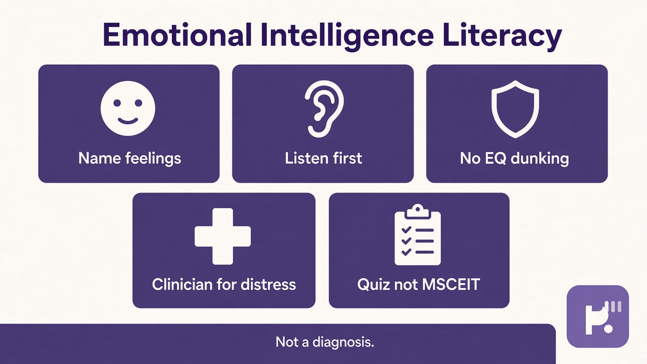 Goleman EQ tips: four domains humble; workplace hype checked; author literacy; unofficial quiz not clinical rank