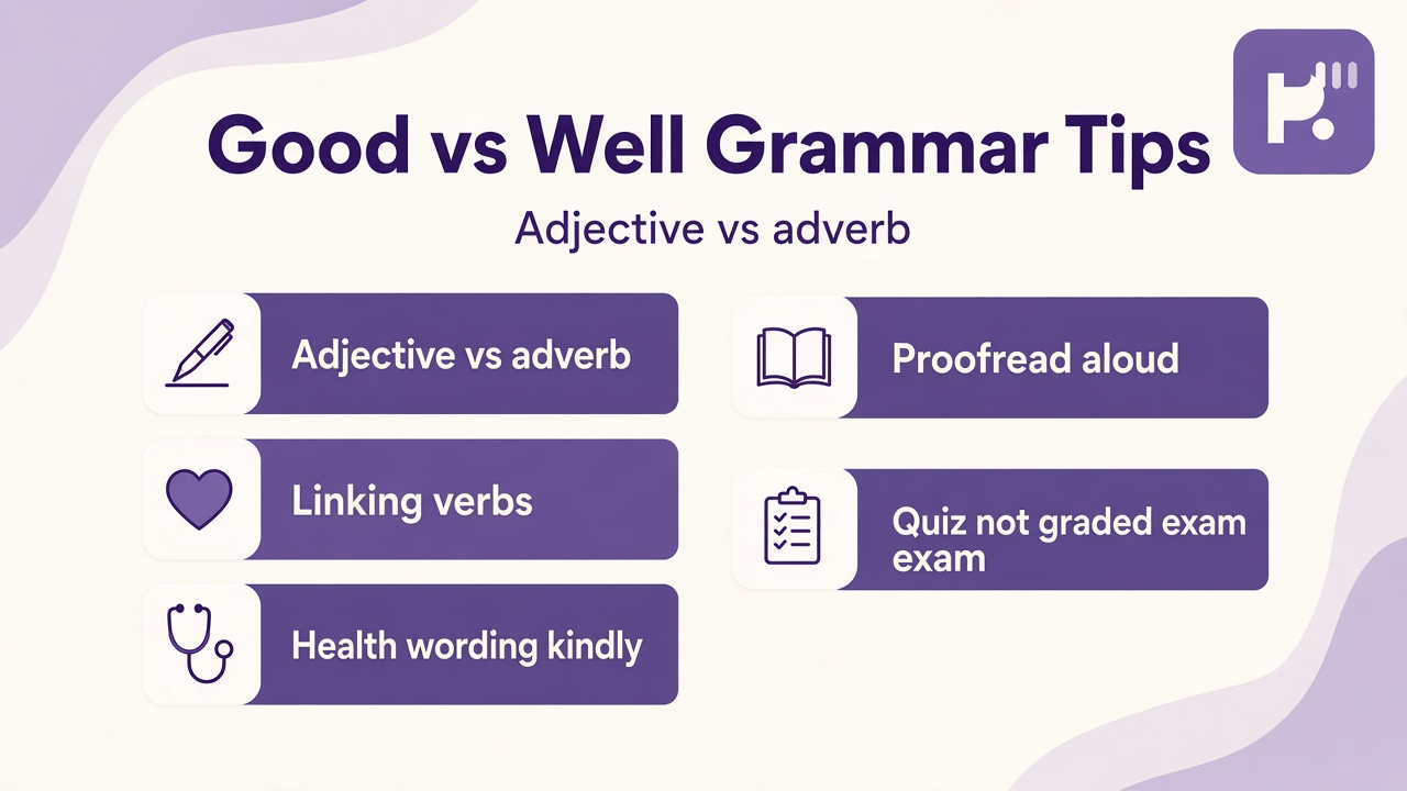 Good vs well tips: adjective good; adverb well; linking verbs; kind study groups; quiz not exam