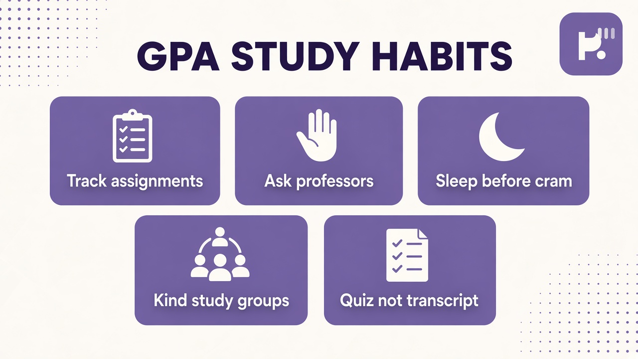 GPA quiz tips: weekly reading blocks; spaced review; sleep before cram; kind study groups; bars not transcript