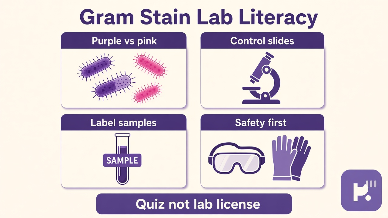Gram stain tips: crystal violet order; decolorizer timing; pink versus purple; clean slides; bars not lab license