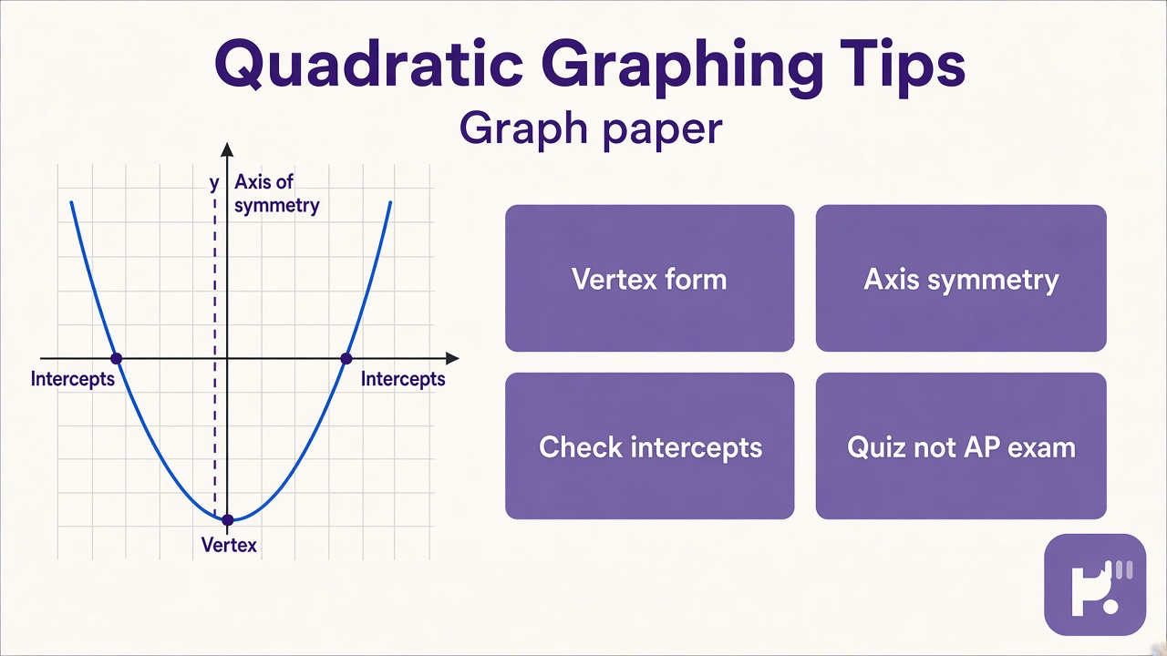 Quadratic graph tips: vertex axis; up or down opens; plot two points; class prep not AP proctor or solve-only dupe stems