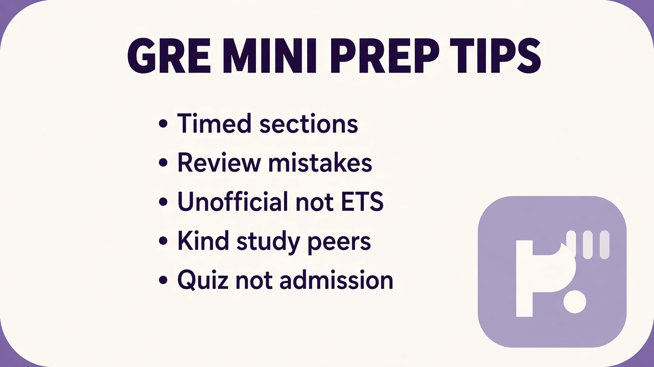 GRE mini prep tips: timed sections; review wrong answers; kind study groups; unofficial not ETS; bars not admission proof