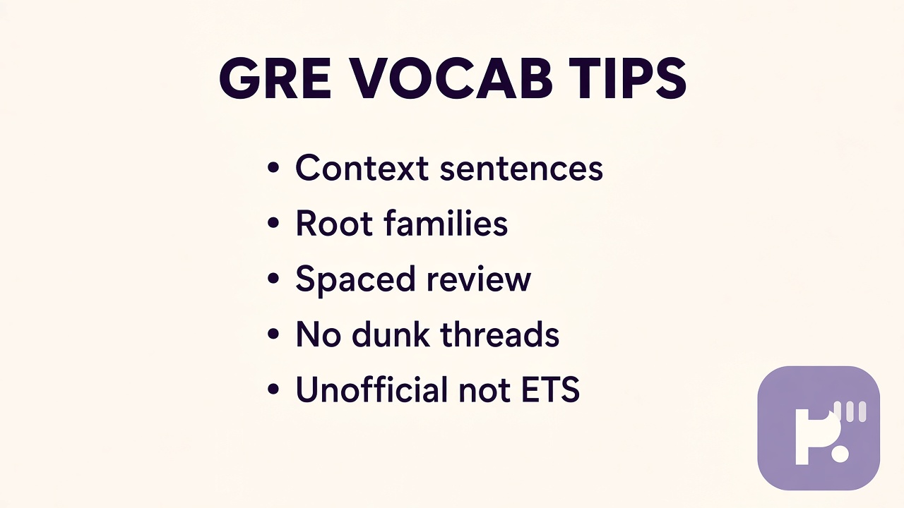 GRE vocab tips: sentences not lists; roots with verify; kind flashcard groups; unofficial not ETS; not mini pacing stems
