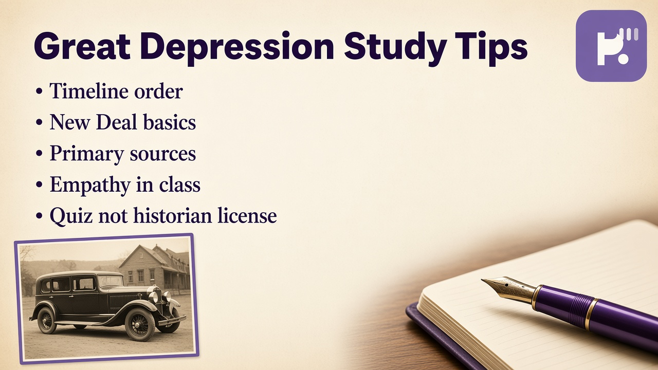 Great Depression tips: 1929 timeline; New Deal nuance; cite sources; humble bars; study quiz not historian license