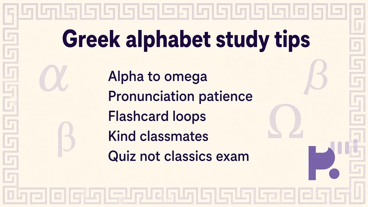 Greek alphabet tips: alpha beta order; lowercase pairs; pi delta symbols; cite charts; bars not professor license