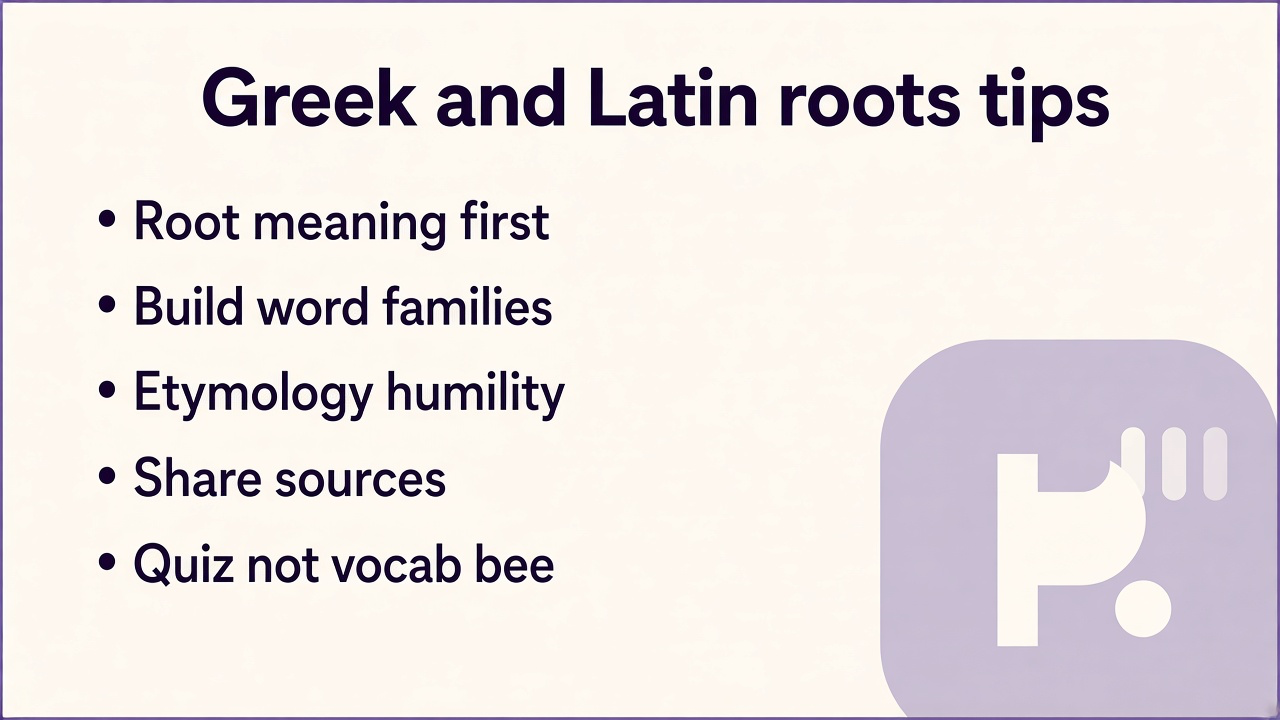 Greek Latin roots tips: root cards; prefix suffix builds; dictionary check; bars not SAT license threads