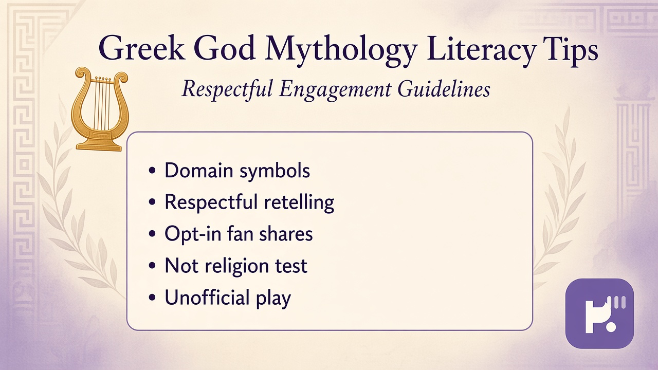 Greek god tips: Olympian domains; symbol context; spoiler tags; respectful retellings; unofficial not scholar