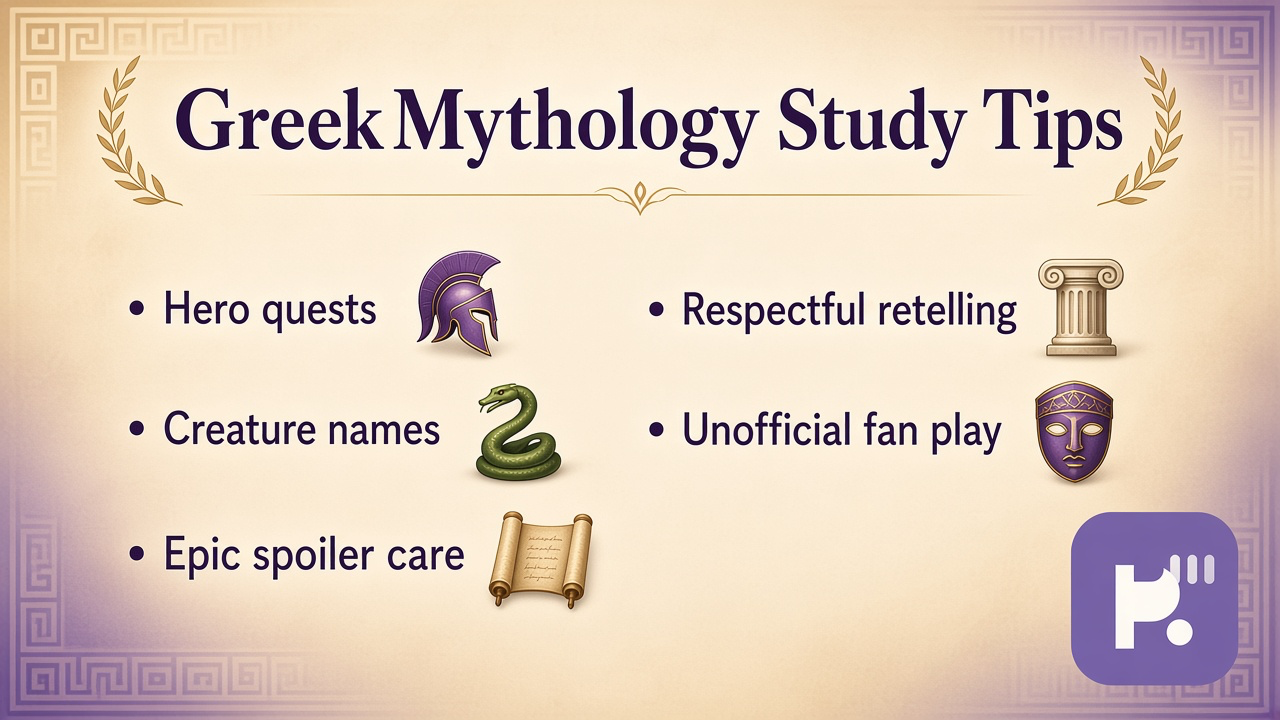 Greek myth tips: hero quests; creature context; epic spoilers tagged; cite sources; unofficial not faculty exam