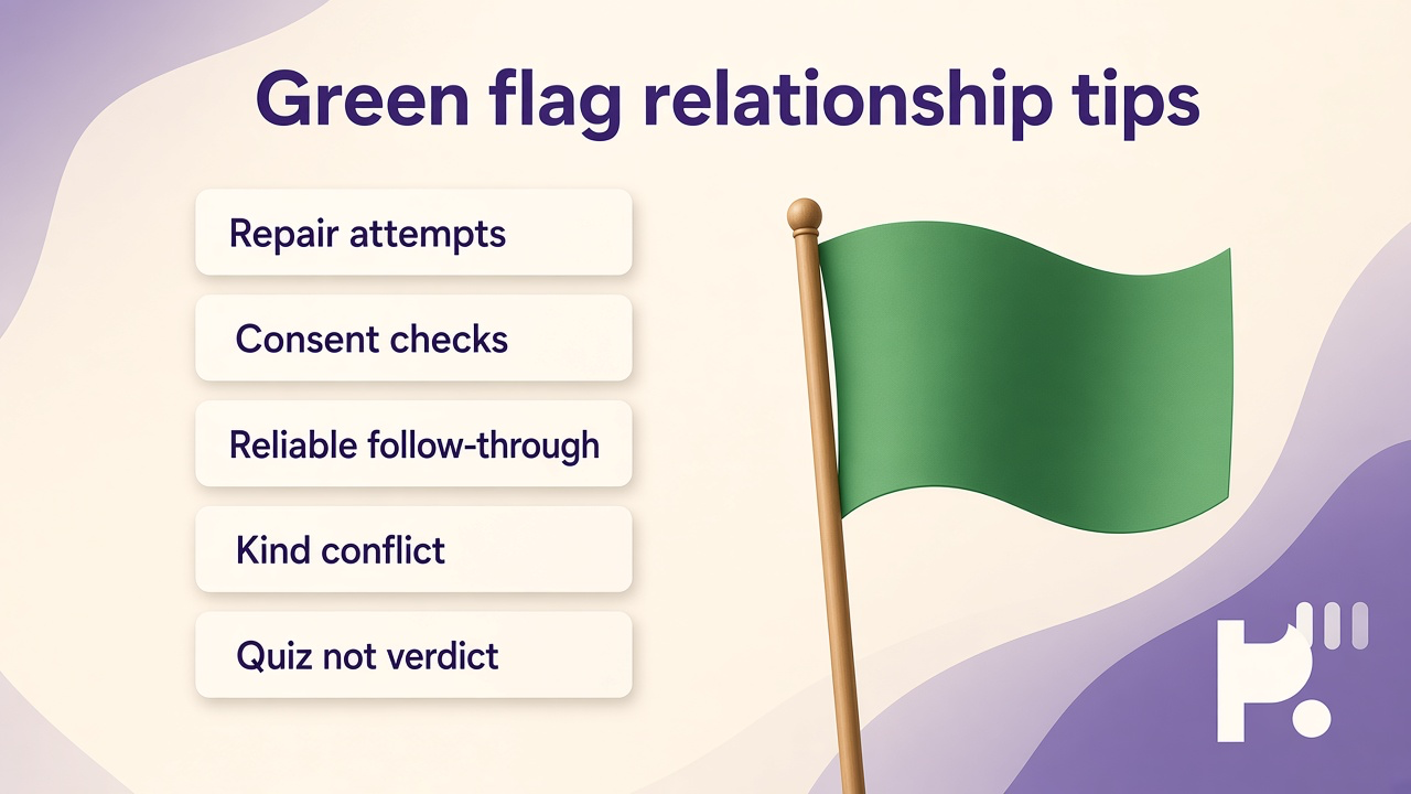 Green flag tips: repair after conflict; ask consent; show reliability; private scores; not partner surveillance verdict