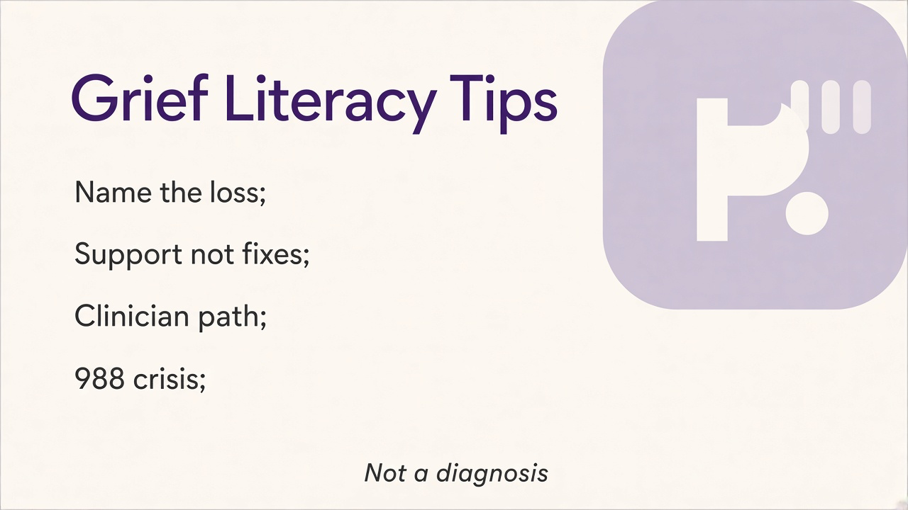 Grief quiz tips: name loss kindly; pace mourning; seek support; quiz not diagnosis; crisis line if unsafe