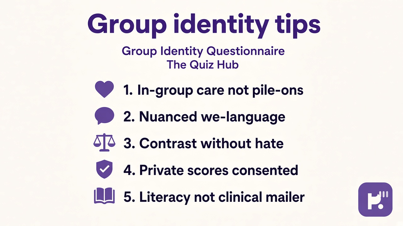 Group identity tips: in-group care not pile-ons; define self with values; contrast without hate; not clinical mailer