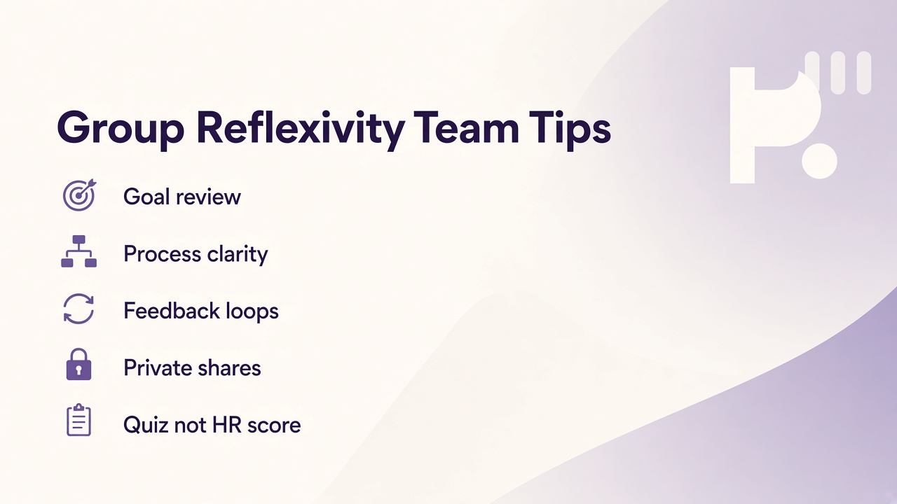 Group reflexivity tips: pause for goals; name process; invite feedback; consented shares; bars not HR files