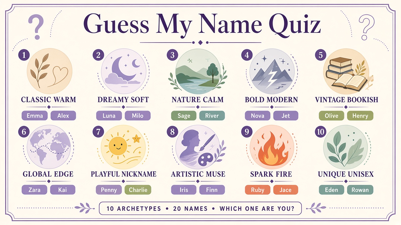Guess my name quiz diagram showing ten name archetype pools from classic warm to unique unisex clusters