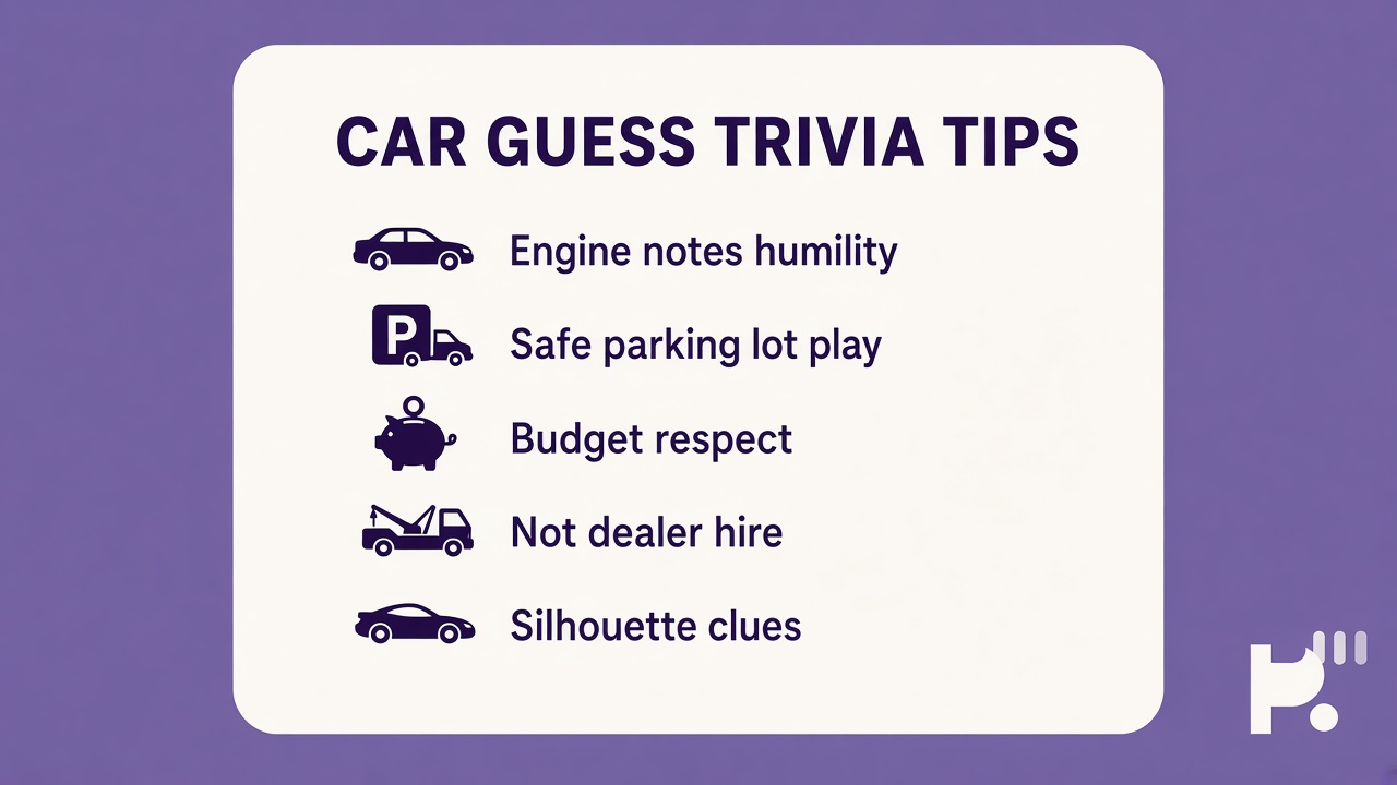 Car guess tips: fair badges; drive safe jokes; budget humble; quiz not dealer hire