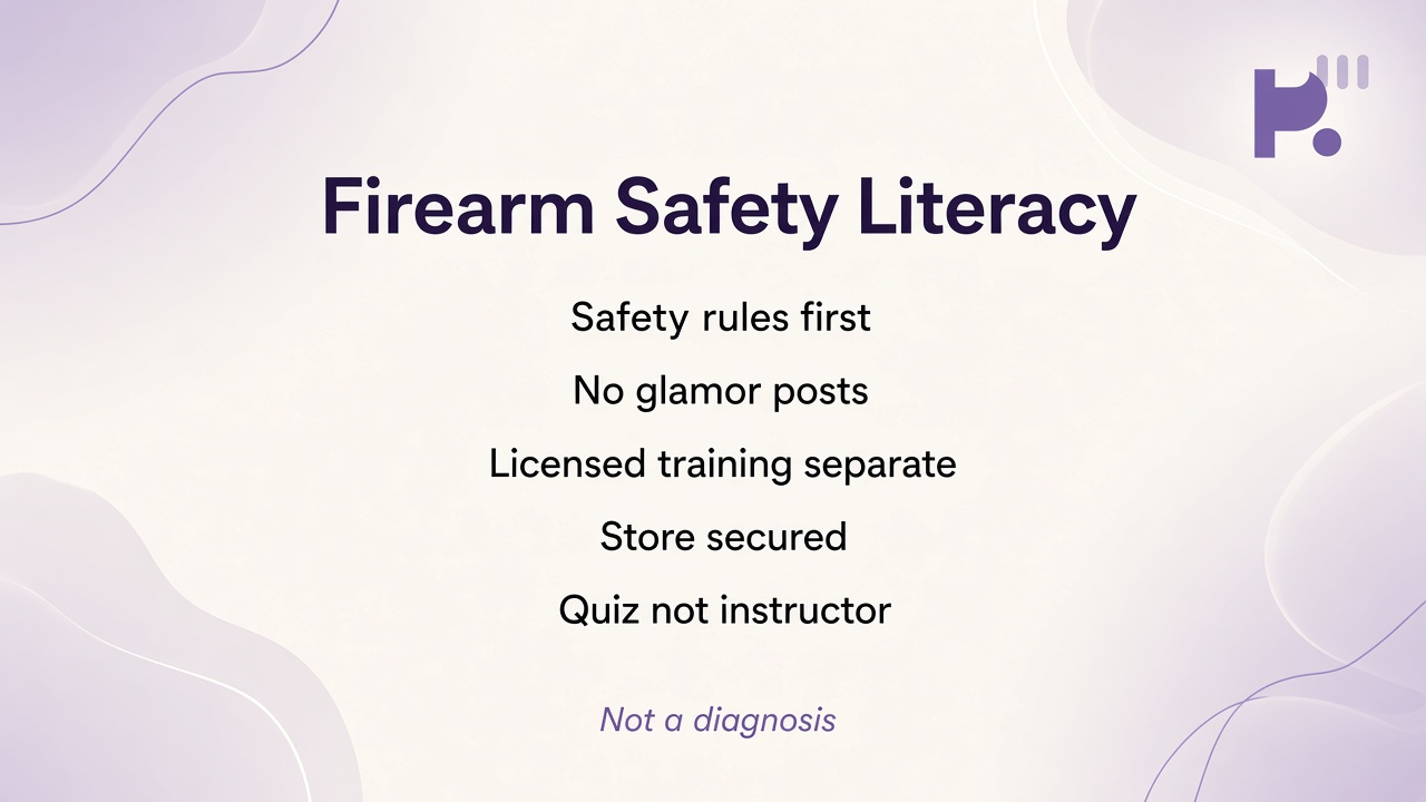Gun media safety tips: refuse glamor; seek crisis help; quiz not weapons expert; no cosplay proof
