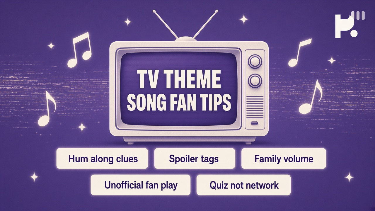 Theme song guess tips: fair melody clues; tag spoilers; volume consent; quiz not network hire