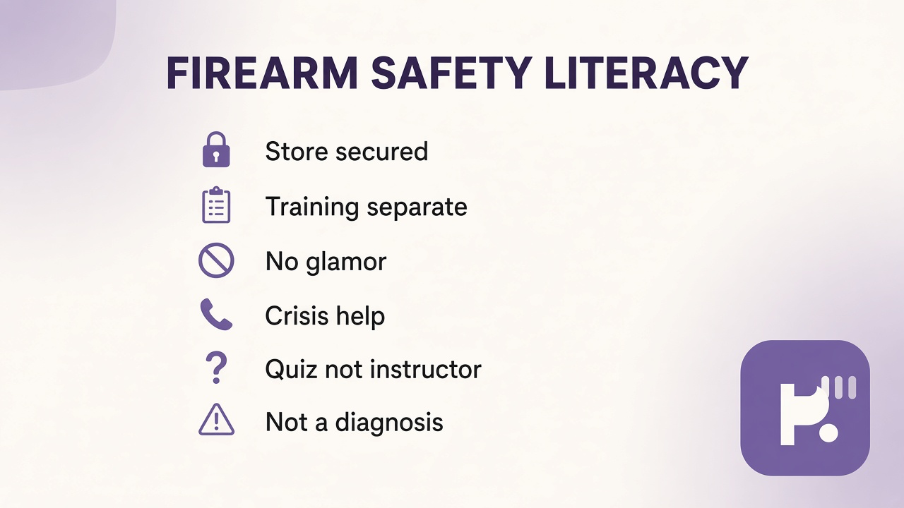 Gun safety tips: locked storage; laws vary; seek training; crisis lines first; quiz not instructor or guess-the-gun trivia