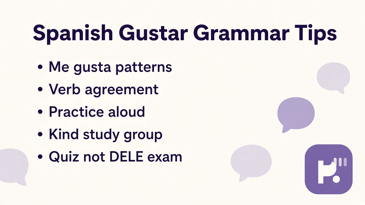 Gustar practice tips: me gusta vs gustan; le les IO; agreement frames; quiz not DELE or oral exam proof