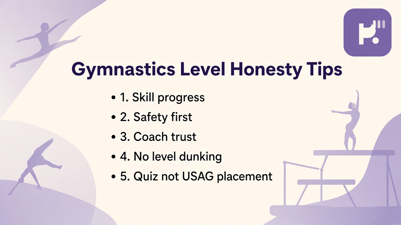 Gymnastics level tips: honest skill gaps; pace progress; respect spotting; quiz not USAG placement