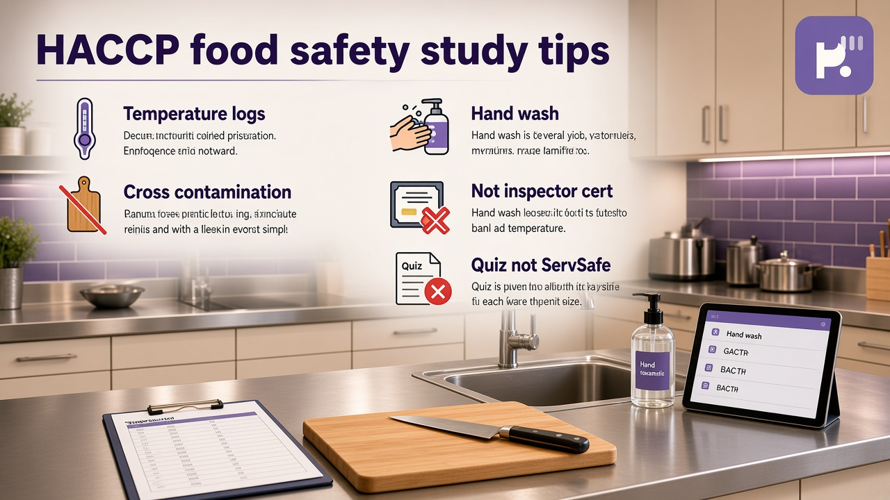 HACCP study tips: name hazards; map CCPs; log monitoring; quiz not ServSafe cert or inspector hire