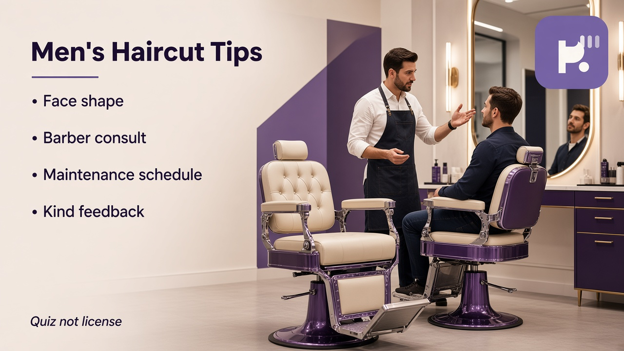 Men's haircut tips: face-shape clues; barber consent; humble grooming; quiz not barber license