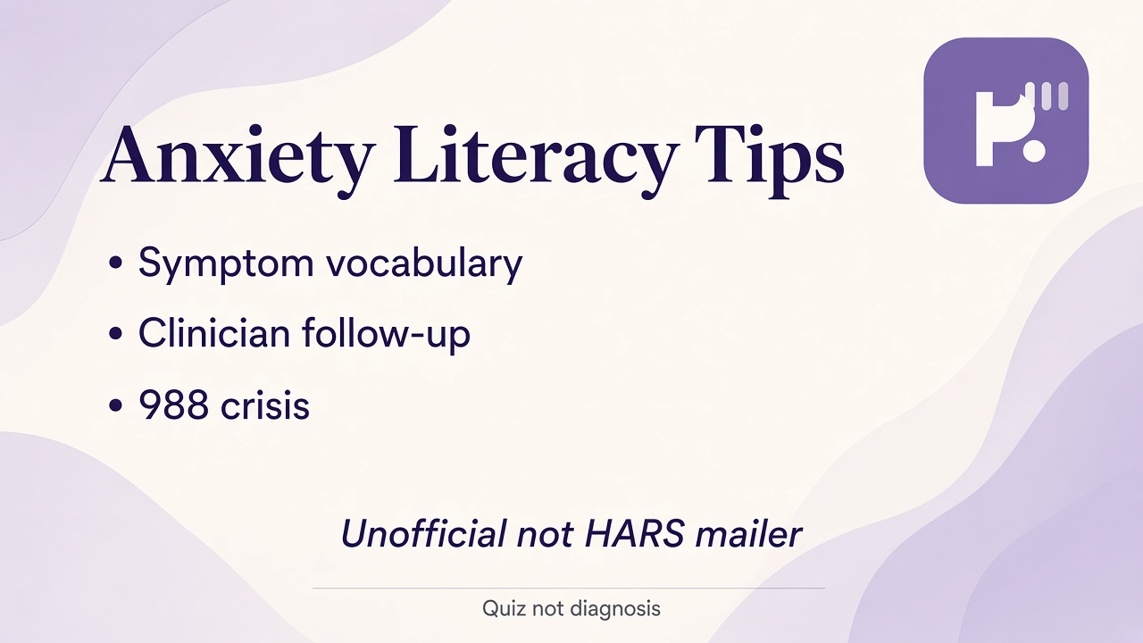 HARS literacy tips: psychic and somatic strain; seek clinicians; not validated HARS; crisis 988; quiz not diagnosis