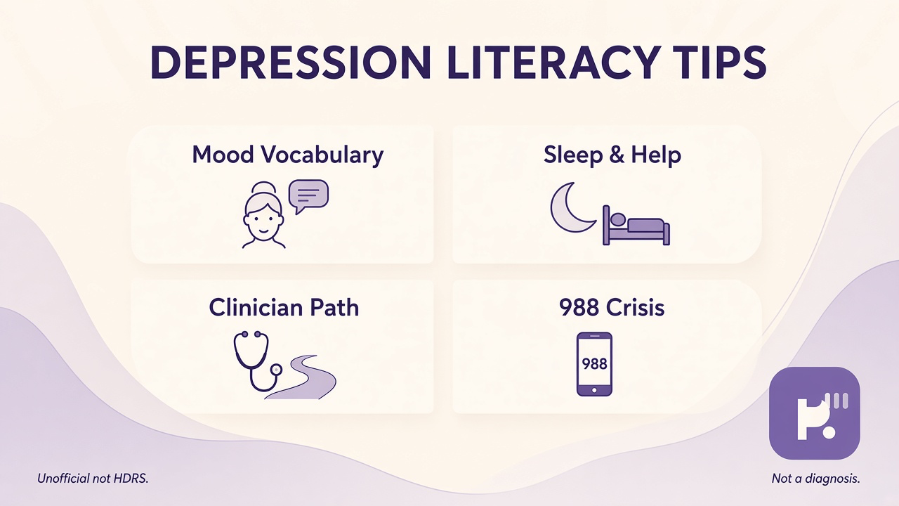 HDRS literacy tips: mood and function strain; seek clinicians; not validated HDRS; crisis 988; quiz not diagnosis