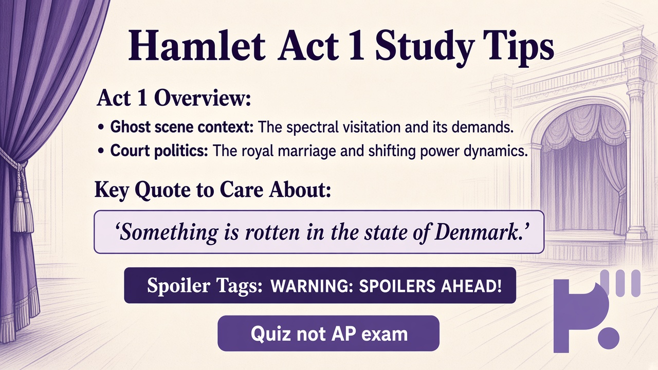 Hamlet Act 1 tips: ghost setup; Claudius court; Polonius advice; tag spoilers; quiz not AP exam