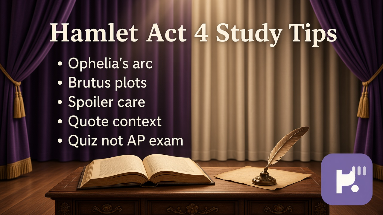 Hamlet Act 4 tips: Ophelia aftermath; Laertes plot; Hamlet return; tag spoilers; quiz not AP exam