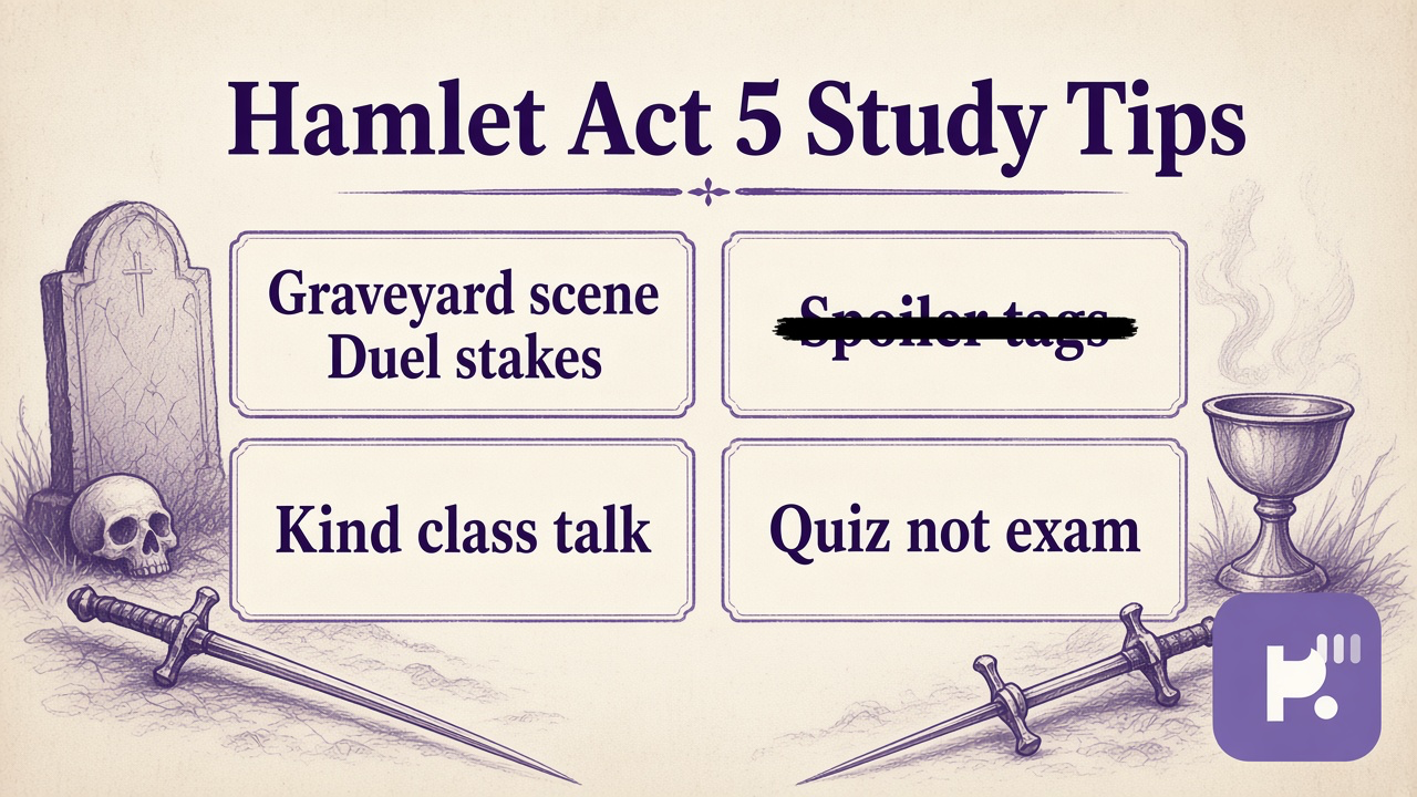 Hamlet Act 5 tips: Yorick graveyard; duel poison; Horatio survives; tag spoilers; quiz not AP exam