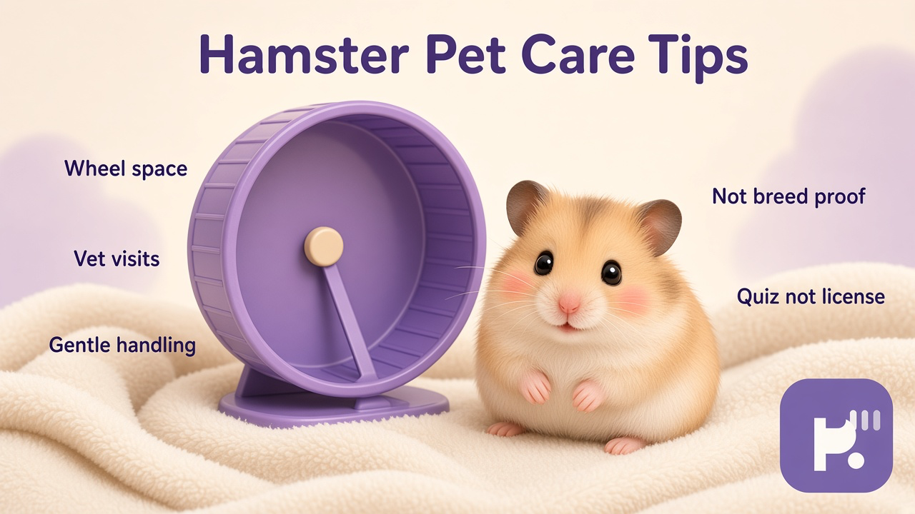Hamster tips: species clues; big wheel; vet for health; rescue first; quiz not breeder license