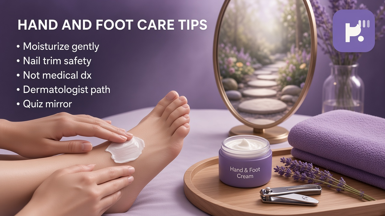 Hand and foot care tips: gentle nails; moisturizer; see clinician for pain; quiz not diagnosis