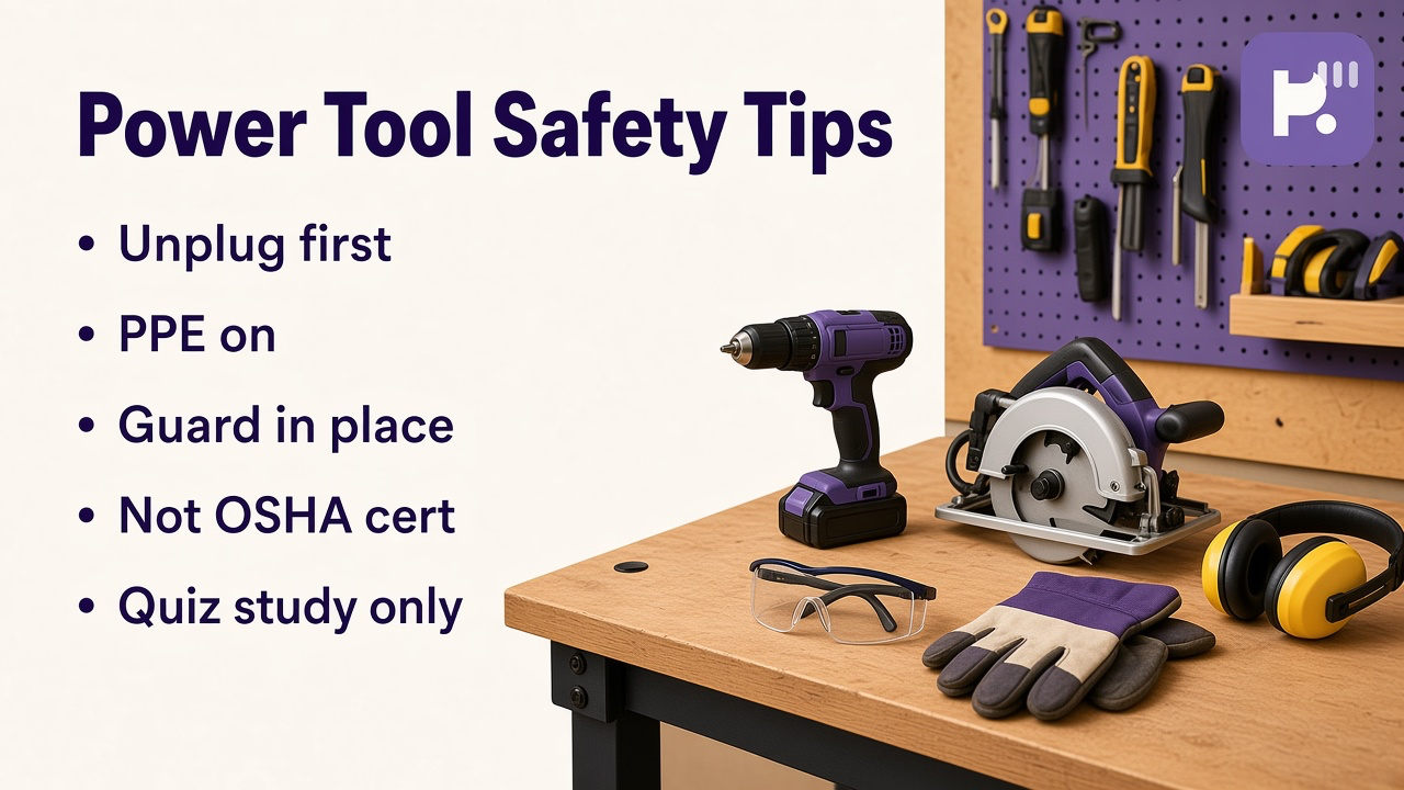 Tool safety tips: eye and ear PPE; unplug to change bits; read manual; quiz not OSHA cert
