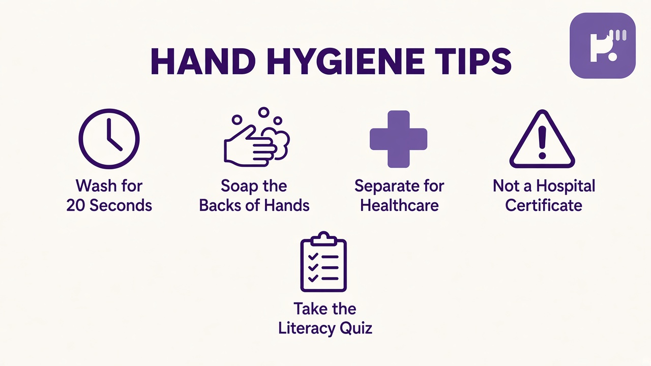 Hand hygiene tips: WHO five moments; scrub timing; gloves not shortcuts; quiz not hospital cert