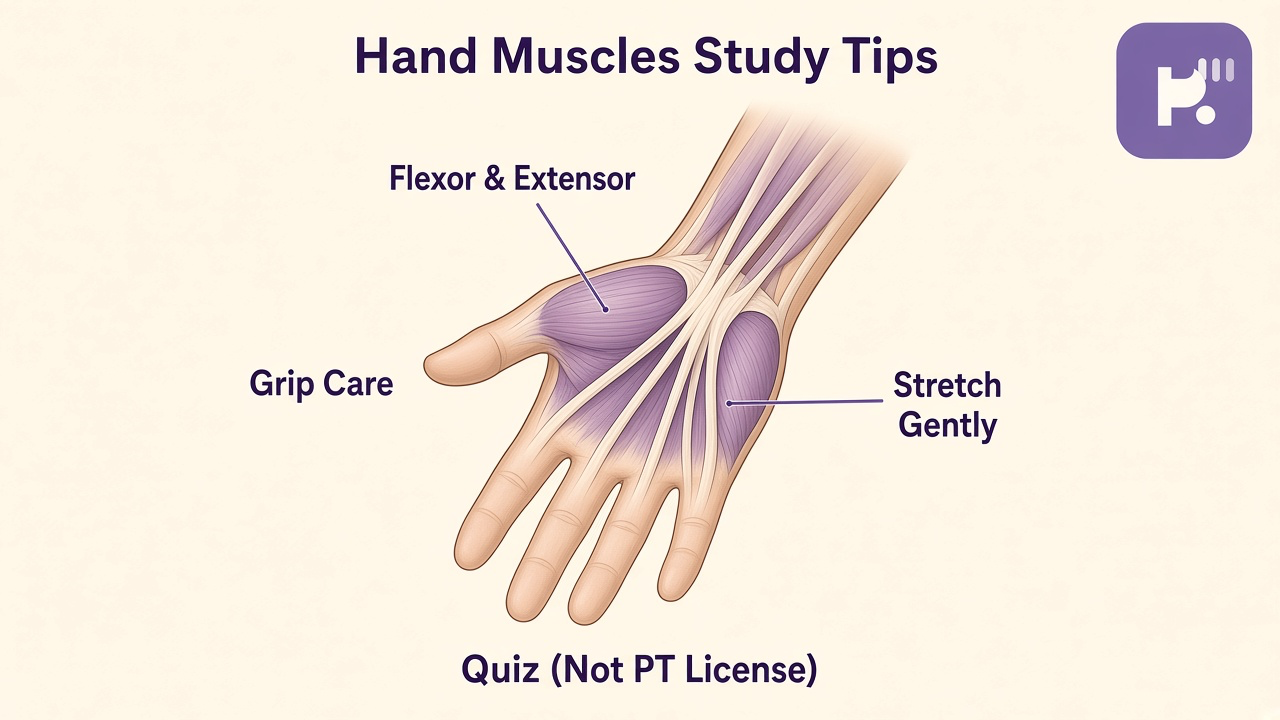 Hand muscles tips: thenar interossei; flexor extensor paths; grip basics; quiz not PT license