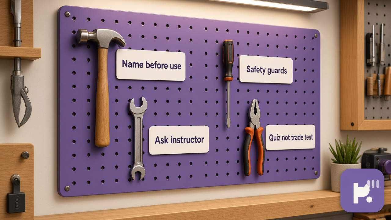 Hand tool tips: name common tools; PPE humility; trade context; quiz not OSHA cert