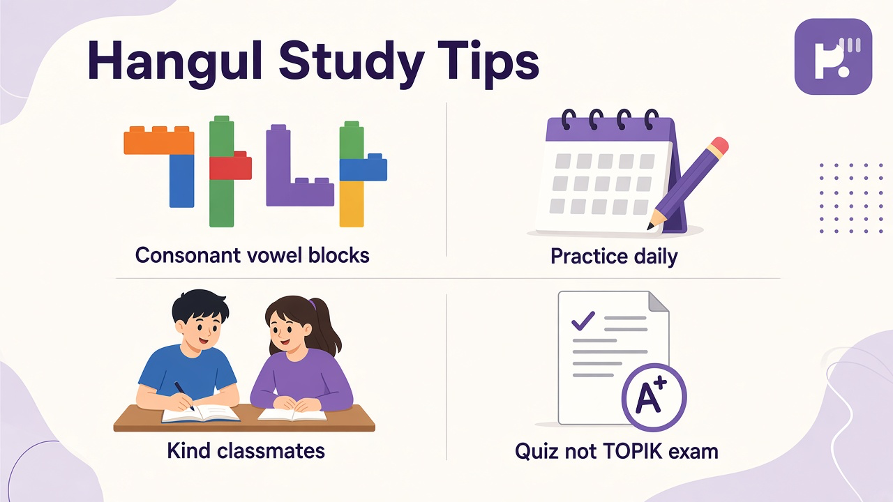 Hangul study tips: jamo blocks; pacing; romanization humility; quiz not TOPIK exam or shame threads