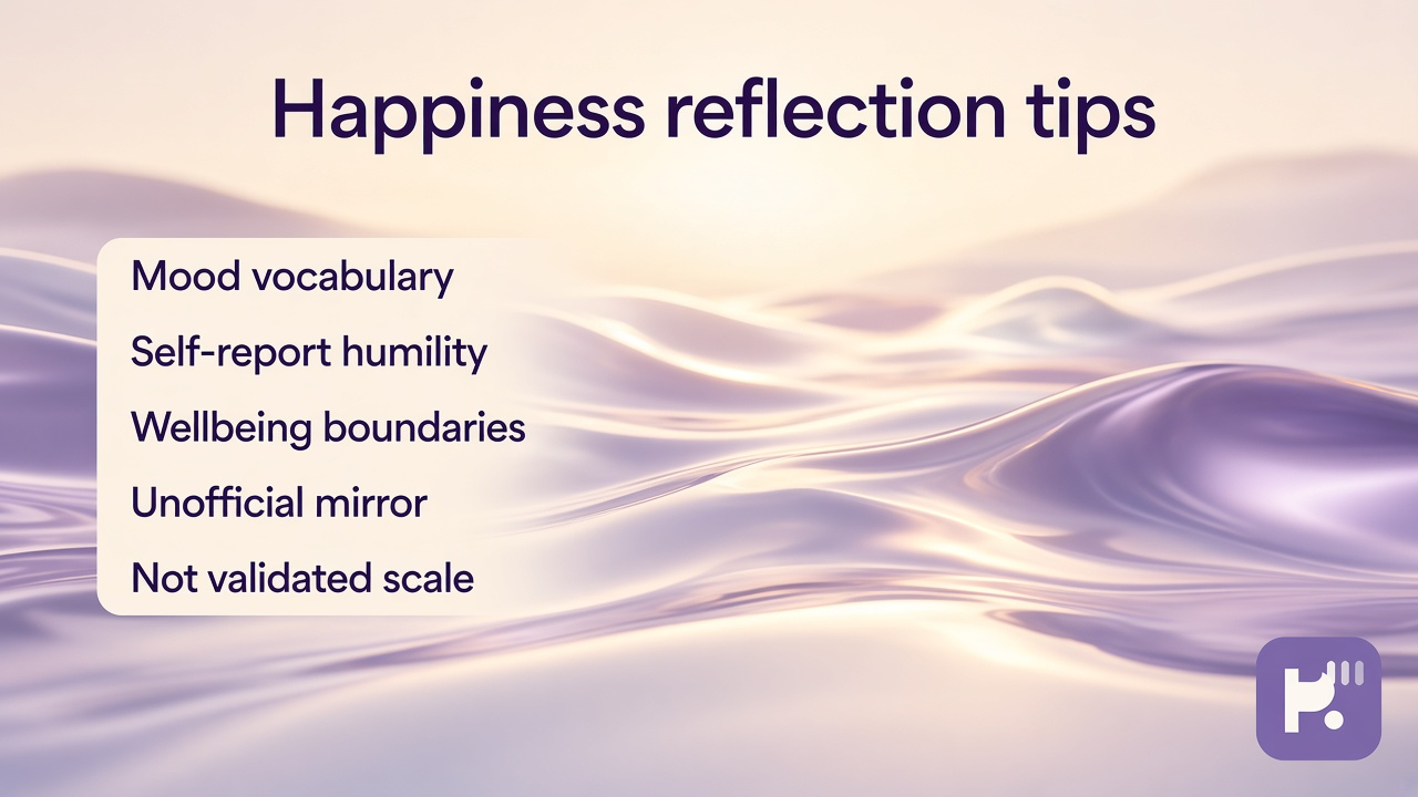 Zheleznov happiness tips: vocabulary not crowns; self-report humility; wellbeing boundaries; unofficial mirror only
