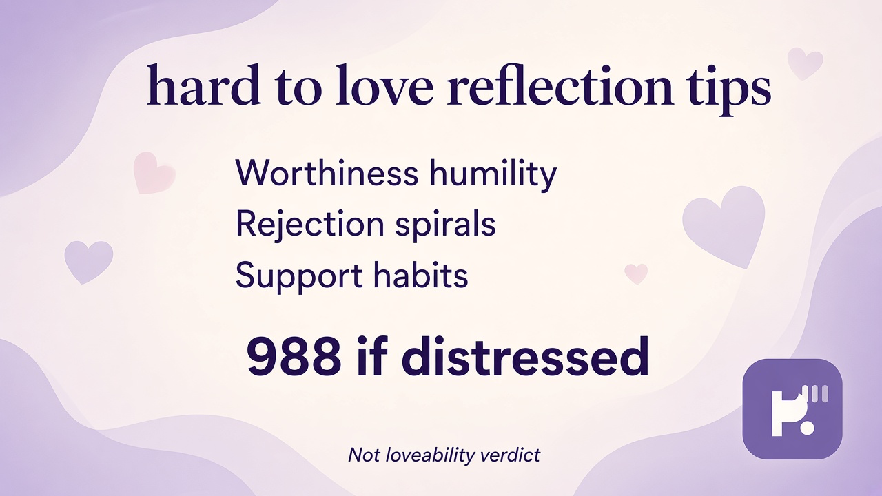Hard to love tips: worthiness humility; slow rejection spirals; seek support; quiz not diagnosis or partner verdict