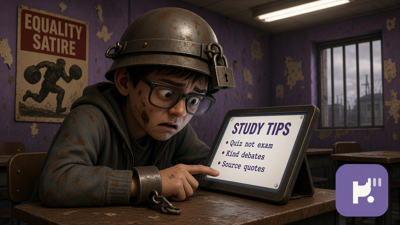 Harrison Bergeron tips: handicap satire; Harrison rebellion; Diana Glampers; tag spoilers; quiz not AP exam
