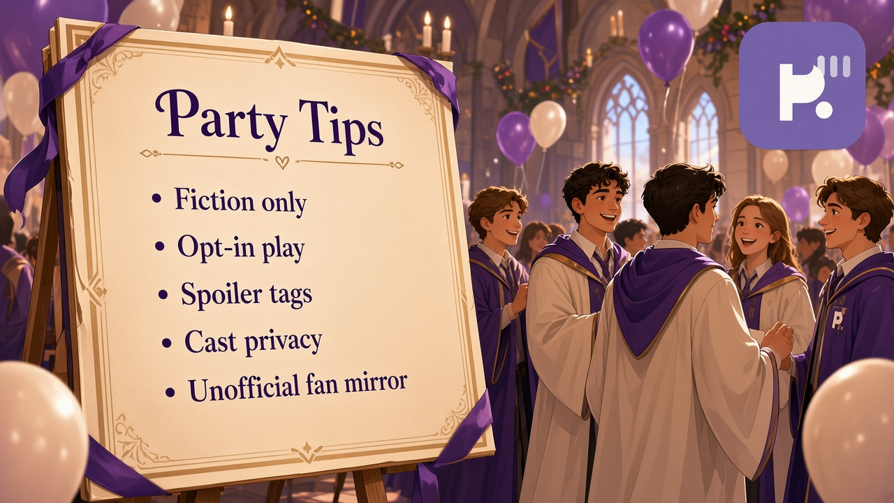 HP 7 minutes tips: fiction only; opt-in party play; tag spoilers; adults playful; not Warner Bros. authority