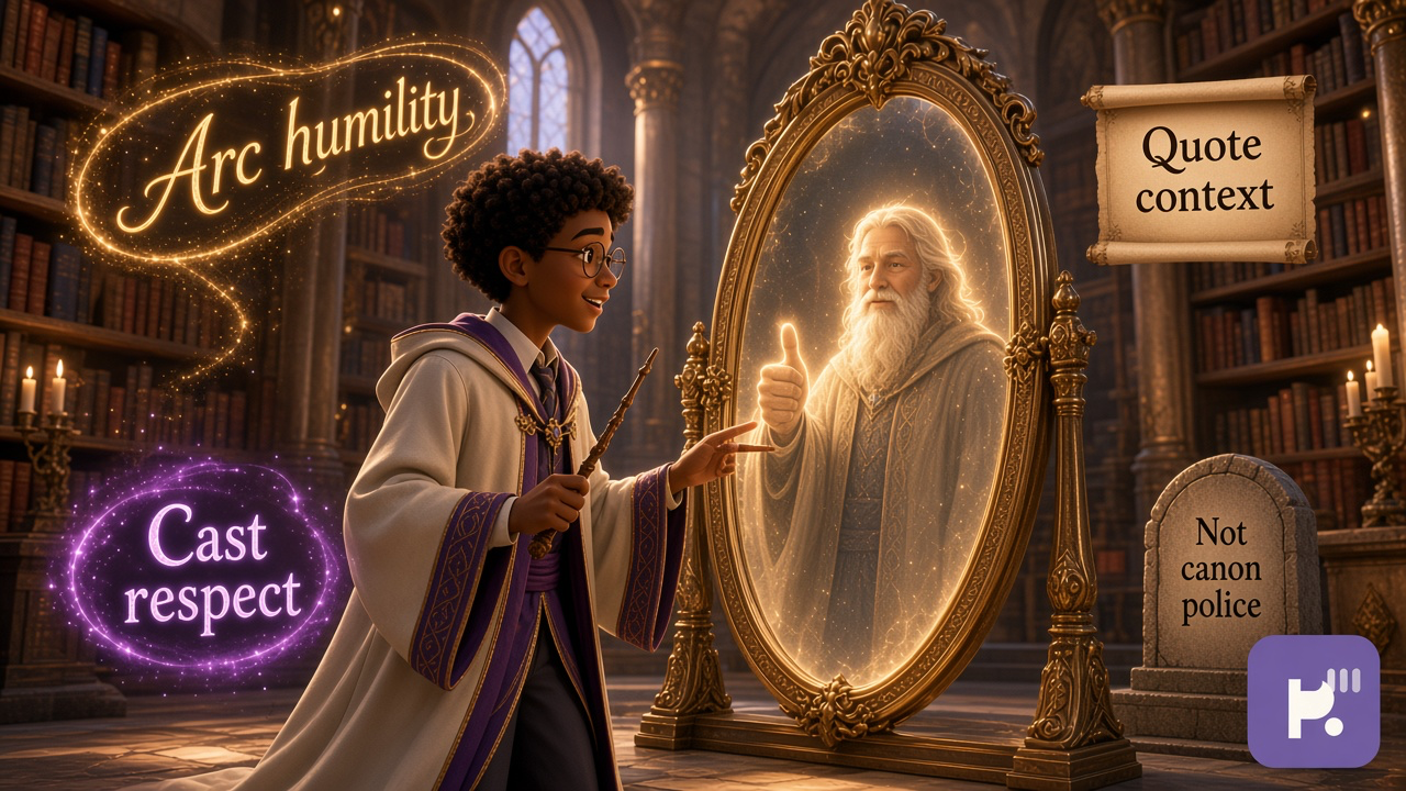 HP character quiz tips: mirror humility; tag arc spoilers; cast boundaries; not Warner Bros canon badge