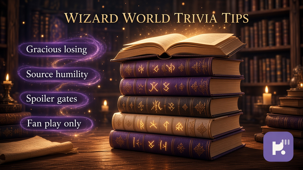 Harry Potter trivia quiz tips: recall humility; tag book spoilers; kind trivia nights; unofficial not WB certification