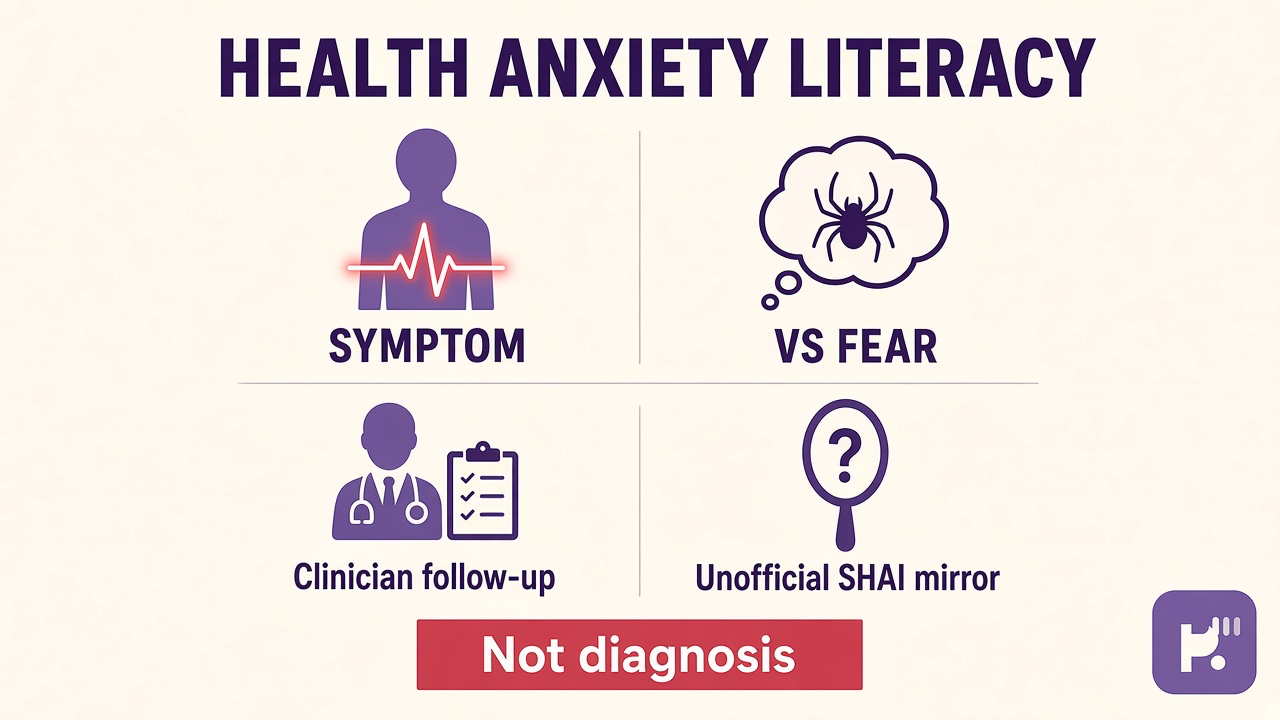 SHAI literacy tips: illness worry patterns; limit reassurance loops; seek clinicians; unofficial quiz; crisis 988